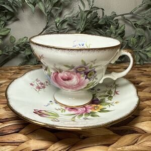 Royal Dover China Bone China England Teacup & Saucer Roses Flowers Gilded Gold